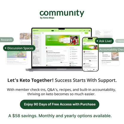 صورة ترويجية لتطبيق «Keto Mojo Community»، تُظهر نماذج تجريبية لجهاز كمبيوتر محمول وجهاز لوحي وهاتف ذكي تعرض واجهة التطبيق. يتميز التصميم بخلفية بيضاء مع لمسات خضراء، ونص يسلط الضوء على ميزات مثل البحث ومساحات النقاش وعمليات التحقق من الالتزام، بالإضافة إلى دعوة لاتخاذ إجراء للحصول على وصول مجاني لمدة 90 يومًا.