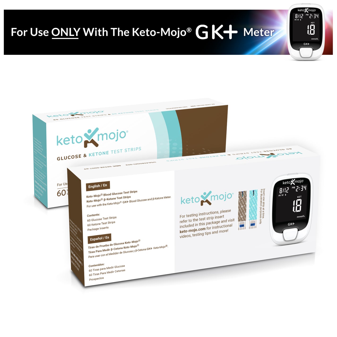 GK+ COMBO Test Strips (60 Glucose & 60 Ketone) KetoMojo USA
